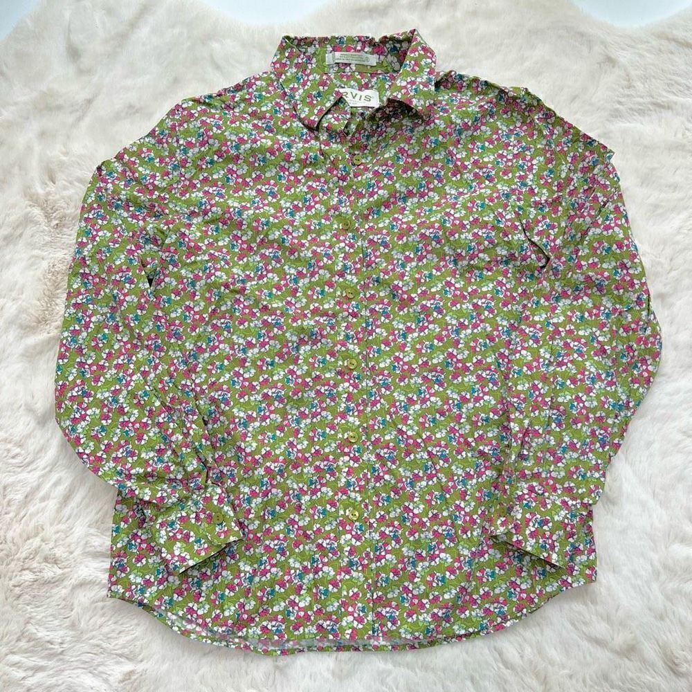 Orvis Button Down Shirt Blouse 100% Cotton Wrinkle Resistant Green Pink Floral 8